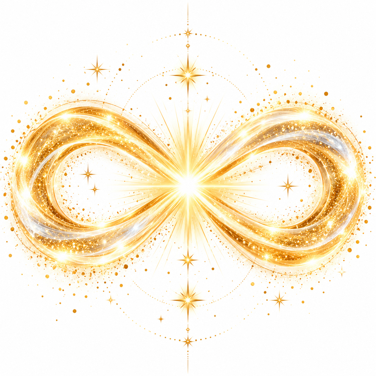 Illuminated golden infinity symbol with stars and light