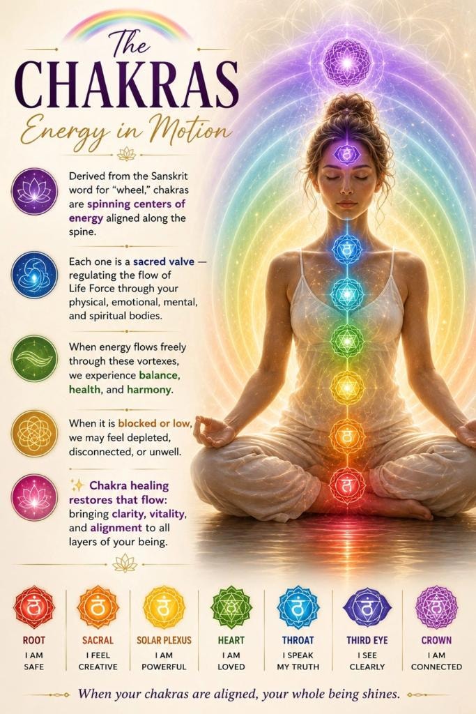 The Chakras — Energy in Motion infographic showing the seven chakra centers