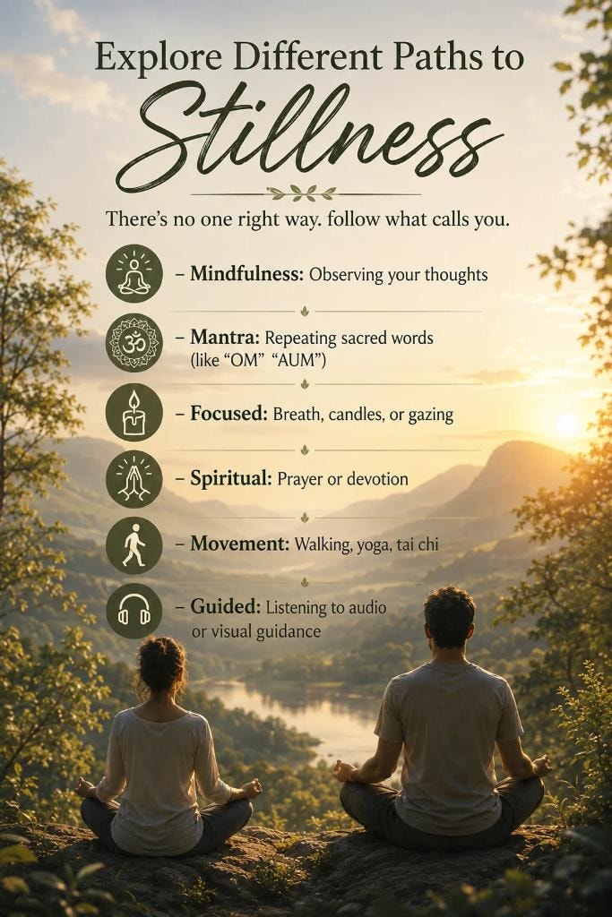 Explore Different Paths to Stillness — Mindfulness, Mantra, Focused, Spiritual, Movement, Guided