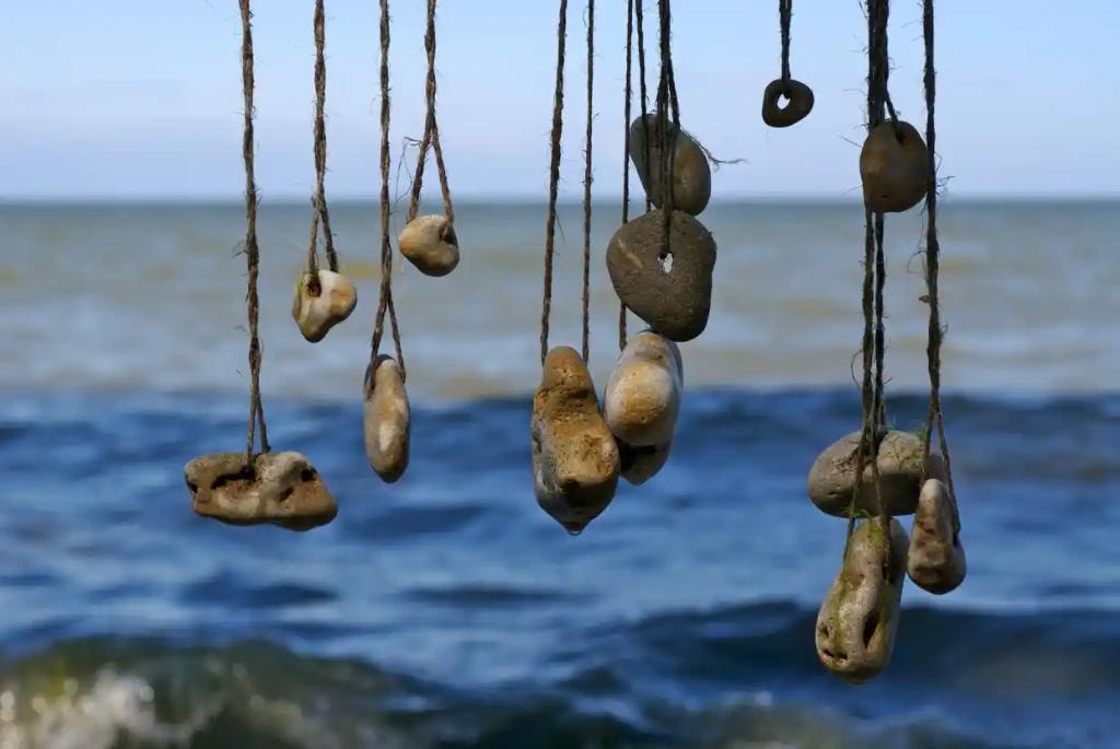 Seashells hanging on strings over the ocean