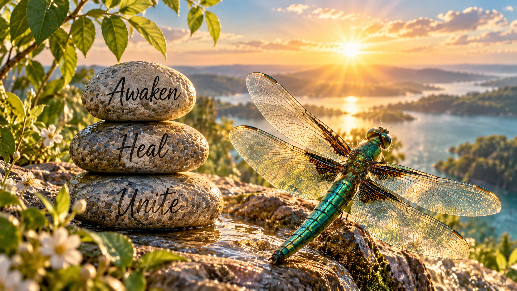 Awaken, Heal, Unite — dragonfly on stacked stones at sunrise