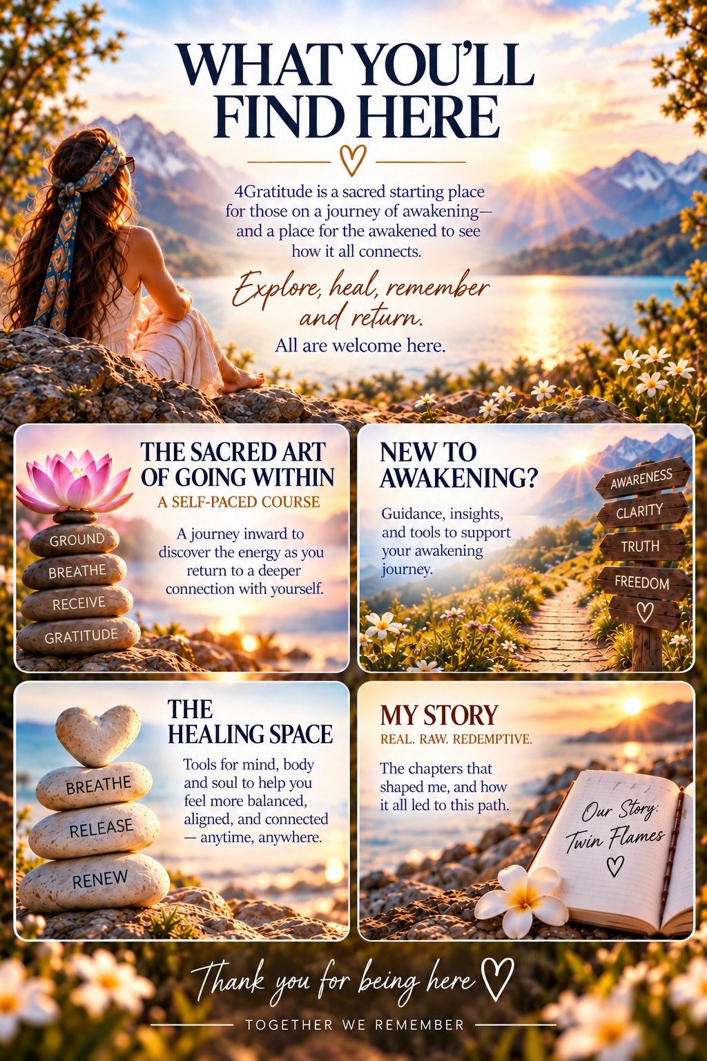 What You'll Find Here — The Sacred Art of Letting Go, New to Awakening, The Healing Space, My Story