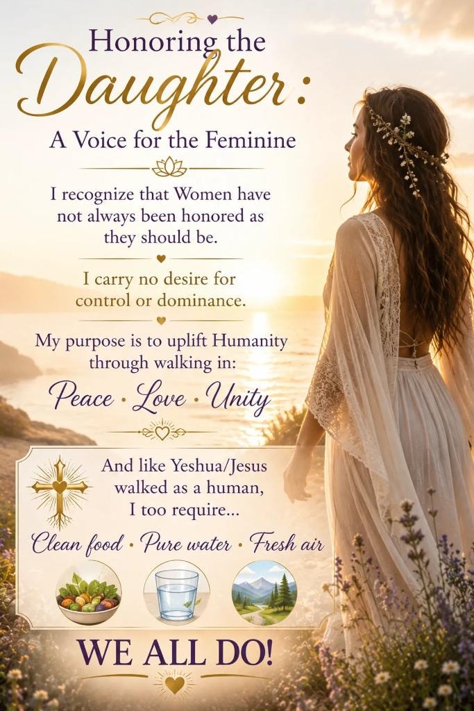 Honoring the Daughter: A Voice for the Feminine. My purpose is to uplift Humanity through walking in Peace, Love, Unity. We All Do!