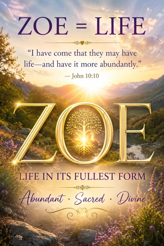 ZOE = LIFE — I have come that they may have life and have it more abundantly. John 10:10. Life in its fullest form. Abundant. Sacred. Divine.